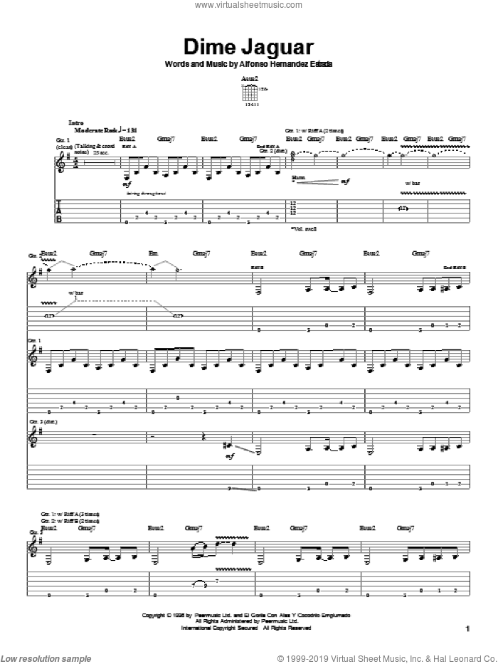 Dime Jaguar sheet music for guitar (tablature) by Jaguares and Alfonso Hernandez Estrada, intermediate skill level