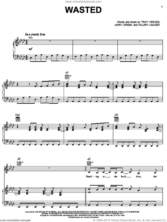 Wasted sheet music for voice, piano or guitar by Carrie Underwood, Hillary Lindsey, Marv Green and Troy Verges, intermediate skill level