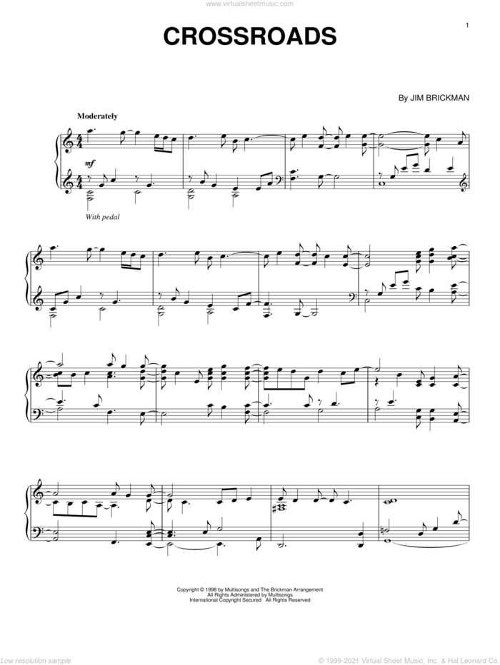 Crossroads, (intermediate) sheet music for piano solo by Jim Brickman, intermediate skill level