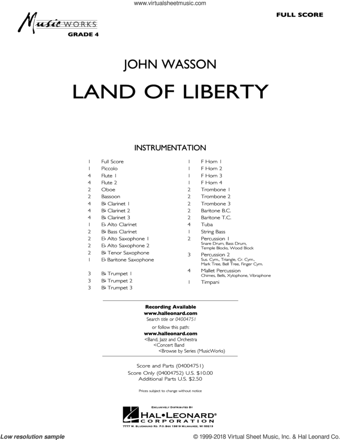 Land of Liberty (COMPLETE) sheet music for concert band by John Wasson, intermediate skill level