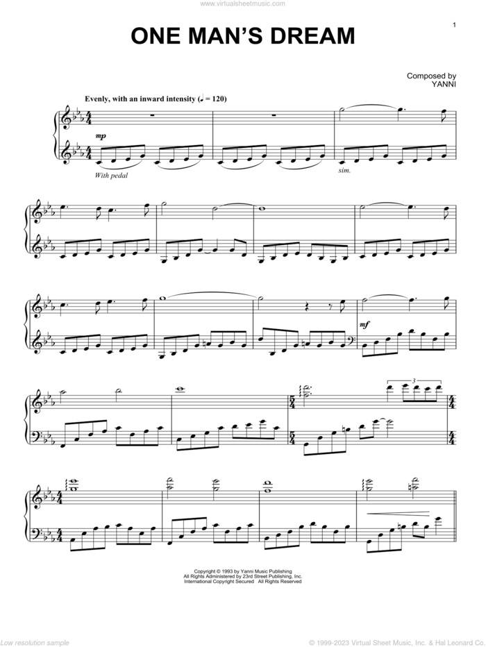 One Man's Dream sheet music for piano solo by Yanni, intermediate skill level