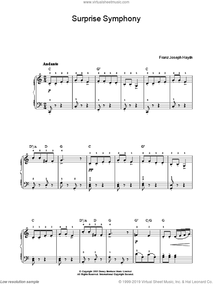 The Surprise Symphony sheet music for piano solo by Franz Joseph Haydn, classical score, easy skill level