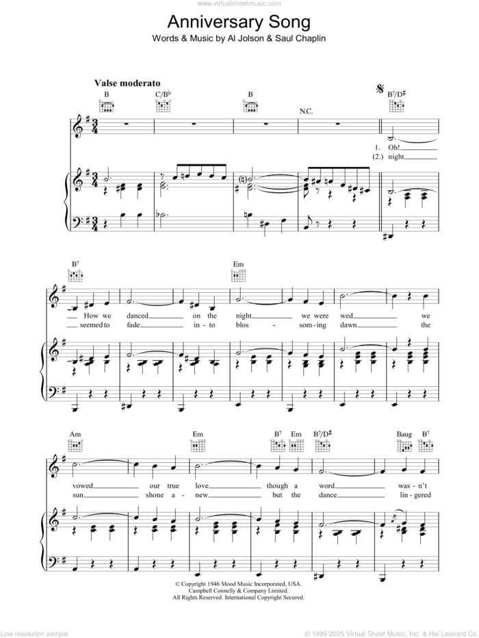 Anniversary Song sheet music for voice, piano or guitar by Al Jolson and Saul Chaplin, wedding score, intermediate skill level