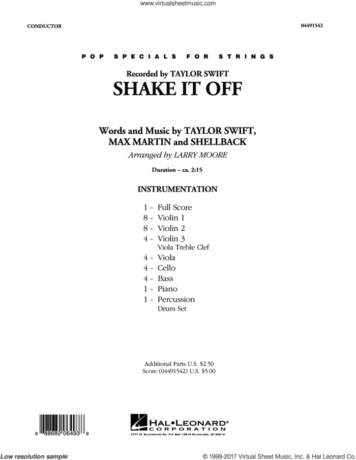 Shake It Off (COMPLETE) sheet music for orchestra by Taylor Swift, Johan Schuster, Larry Moore, Max Martin and Shellback, intermediate skill level