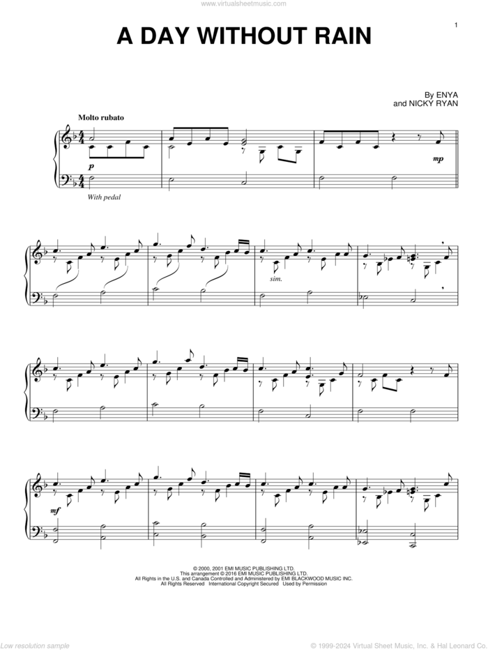 A Day Without Rain, (intermediate) sheet music for piano solo by Enya and Nicky Ryan, intermediate skill level