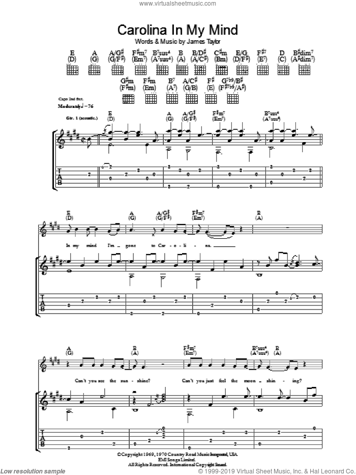 Carolina In My Mind sheet music for guitar (tablature) by James Taylor, intermediate skill level