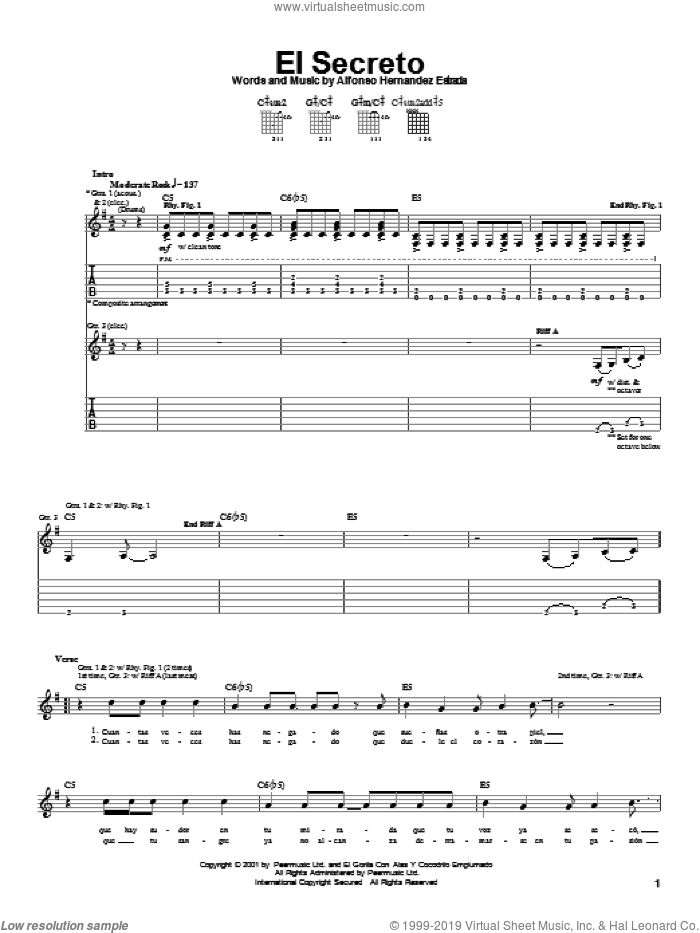 El Secreto sheet music for guitar (tablature) by Jaguares and Alfonso Hernandez Estrada, intermediate skill level