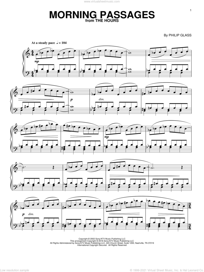 Morning Passages (from The Hours), (intermediate) sheet music for piano solo by Philip Glass, intermediate skill level