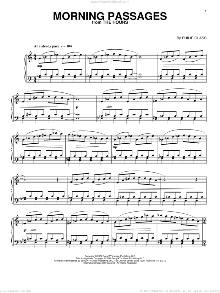 Morning Passages (from The Hours), (intermediate) sheet music for piano solo by Philip Glass, intermediate skill level