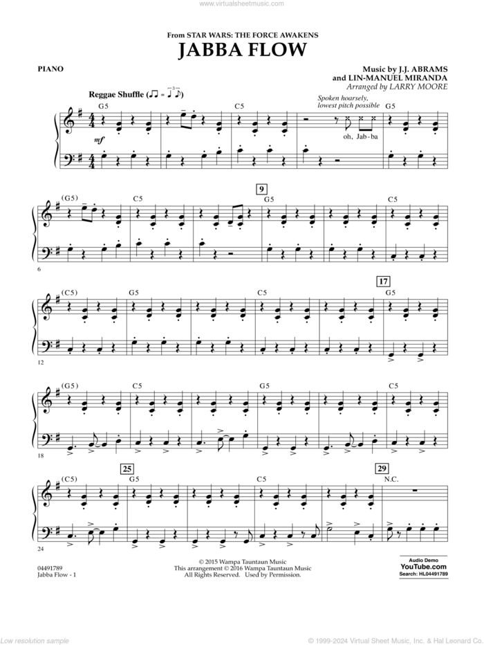 Jabba Flow (from Star Wars: The Force Awakens) sheet music for orchestra (piano) by Lin-Manuel Miranda, Larry Moore, J.J. Abrams and J.J. Abrams and Lin-Manuel Miranda, intermediate skill level