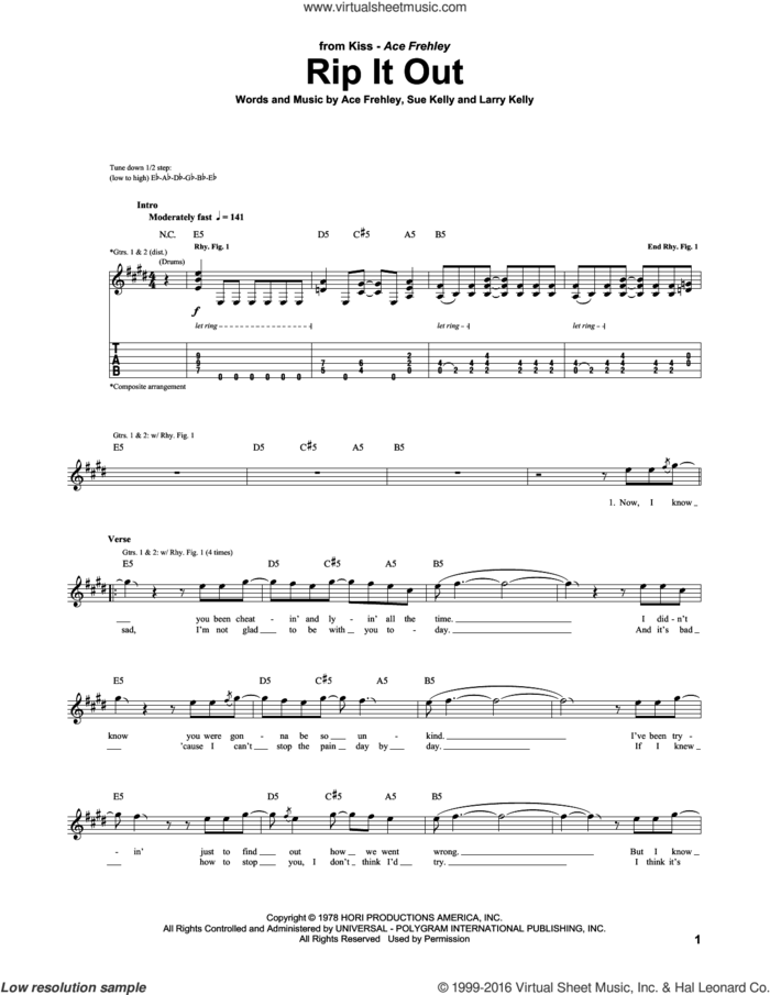 Rip It Out sheet music for guitar (tablature) by KISS, Ace Frehley, Larry Kelly and Sue Kelly, intermediate skill level