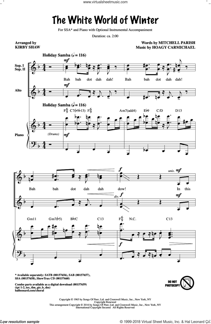 The White World Of Winter sheet music for choir (SSA: soprano, alto) by Hoagy Carmichael, Kirby Shaw and Mitchell Parish, intermediate skill level