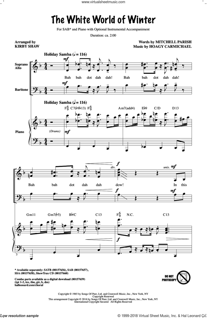 The White World Of Winter sheet music for choir (SAB: soprano, alto, bass) by Hoagy Carmichael, Kirby Shaw and Mitchell Parish, intermediate skill level