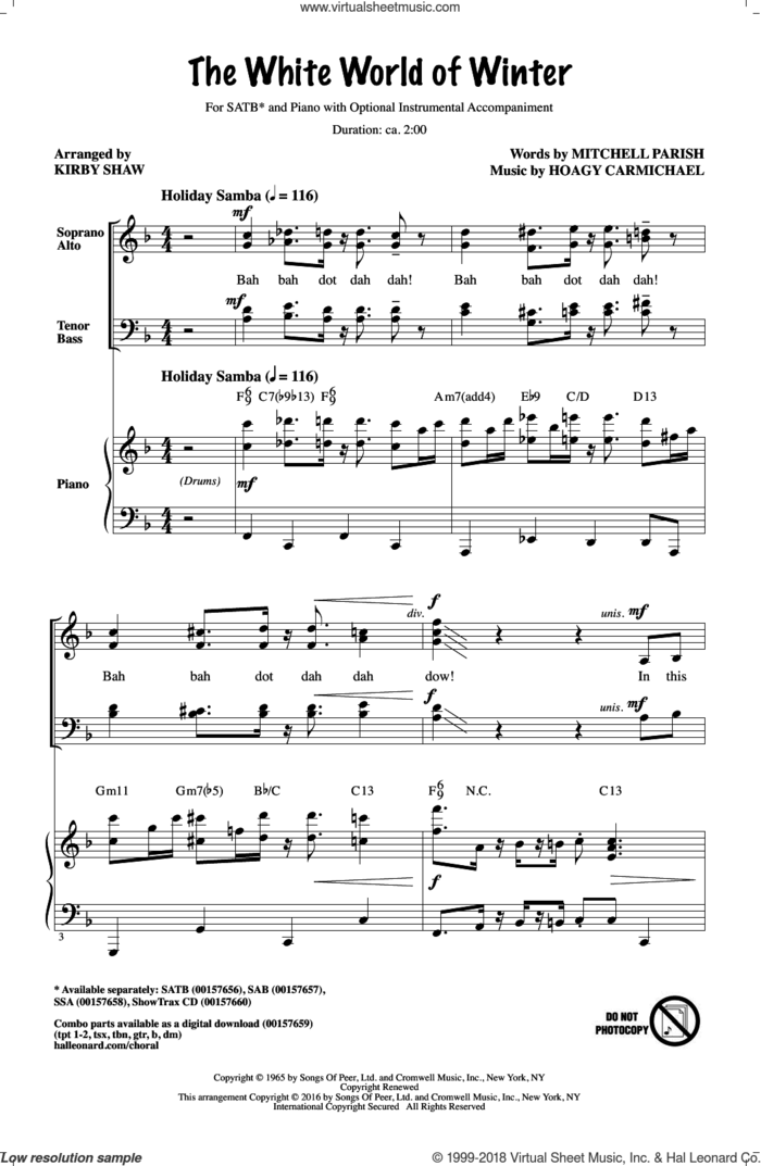 The White World Of Winter sheet music for choir (SATB: soprano, alto, tenor, bass) by Hoagy Carmichael, Kirby Shaw and Mitchell Parish, intermediate skill level