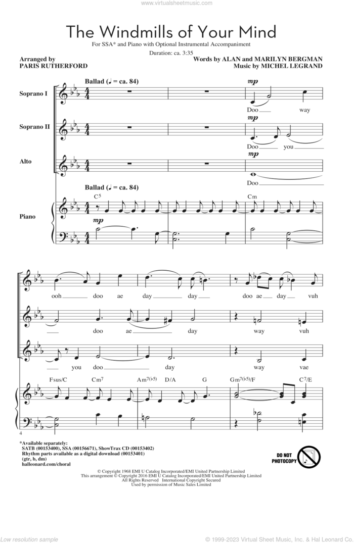 The Windmills Of Your Mind (arr. Paris Rutherford) sheet music for choir (SSA: soprano, alto) by Michel Legrand, Paris Rutherford, Alan Bergman and Marilyn Bergman, intermediate skill level
