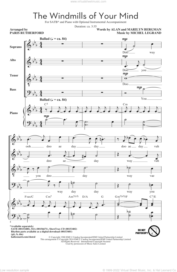 The Windmills Of Your Mind (arr. Paris Rutherford) sheet music for choir (SATB: soprano, alto, tenor, bass) by Michel Legrand, Paris Rutherford, Alan Bergman and Marilyn Bergman, intermediate skill level