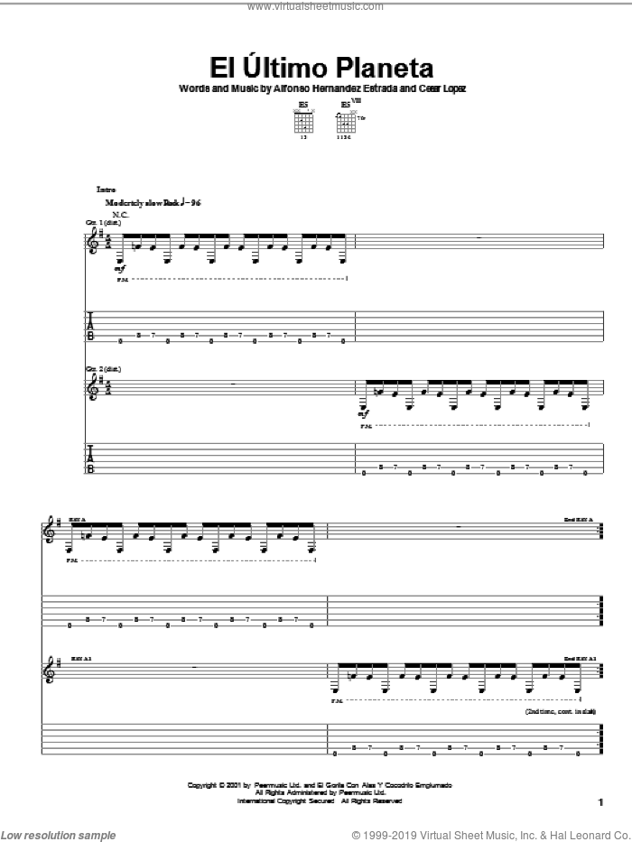 El Ultimo Planeta sheet music for guitar (tablature) by Jaguares, Alfonso Hernandez Estrada and Cesar Lopez, intermediate skill level