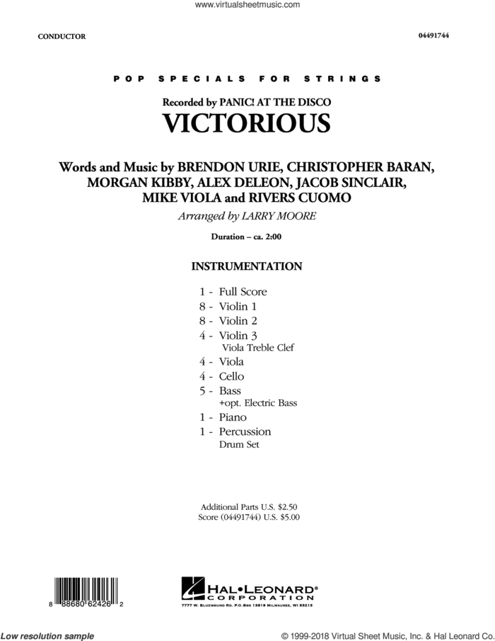 Victorious (COMPLETE) sheet music for orchestra by Larry Moore, Brendon Urie, Christopher Baran, Morgan Kibby and Panic! At The Disco, intermediate skill level