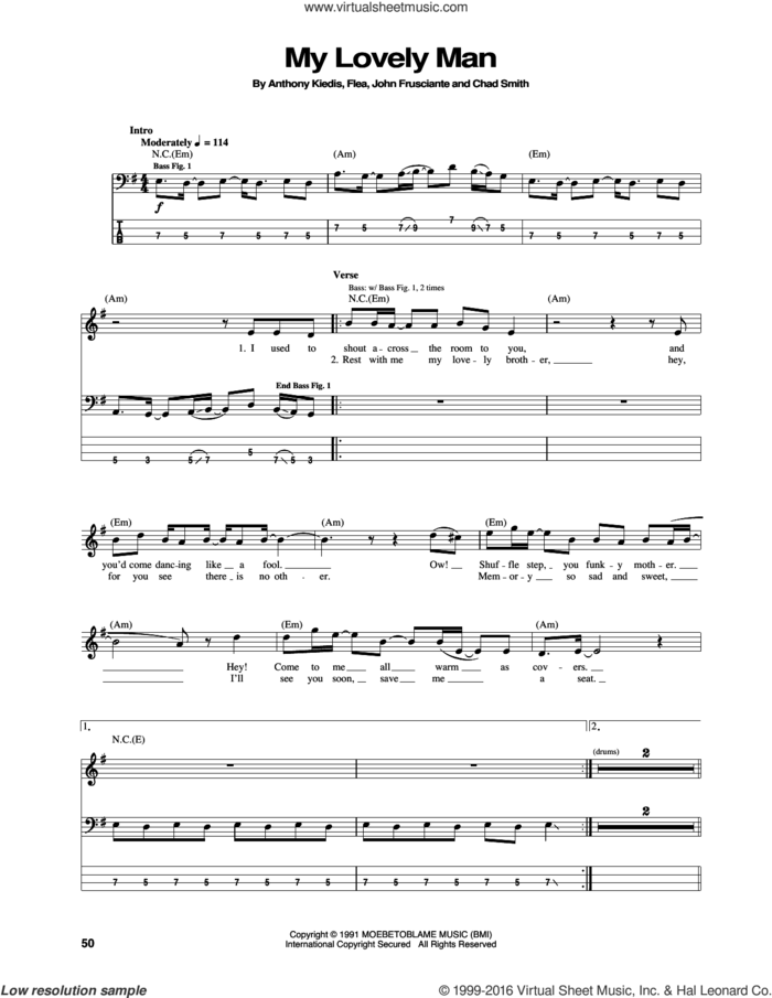 My Lovely Man sheet music for bass (tablature) (bass guitar) by Red Hot Chili Peppers, Anthony Kiedis, Chad Smith, Flea and John Frusciante, intermediate skill level