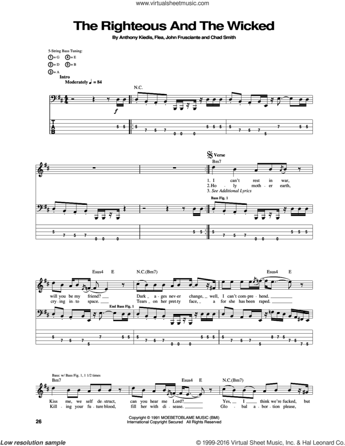 The Righteous And The Wicked sheet music for bass (tablature) (bass guitar) by Red Hot Chili Peppers, Anthony Kiedis, Chad Smith, Flea and John Frusciante, intermediate skill level