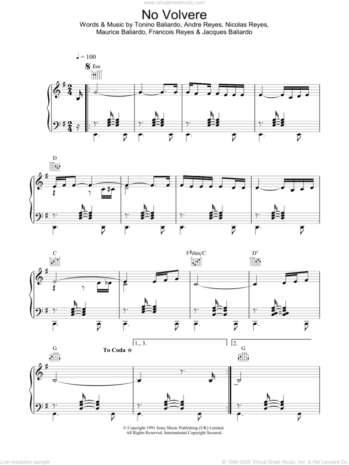 No Volvere sheet music for voice, piano or guitar by The Gipsy Kings, Andre Reyes, Francois Reyes, Jacques Baliardo, Maurice Baliardo, Nicolas Reyes and Tonino Baliardo, intermediate skill level