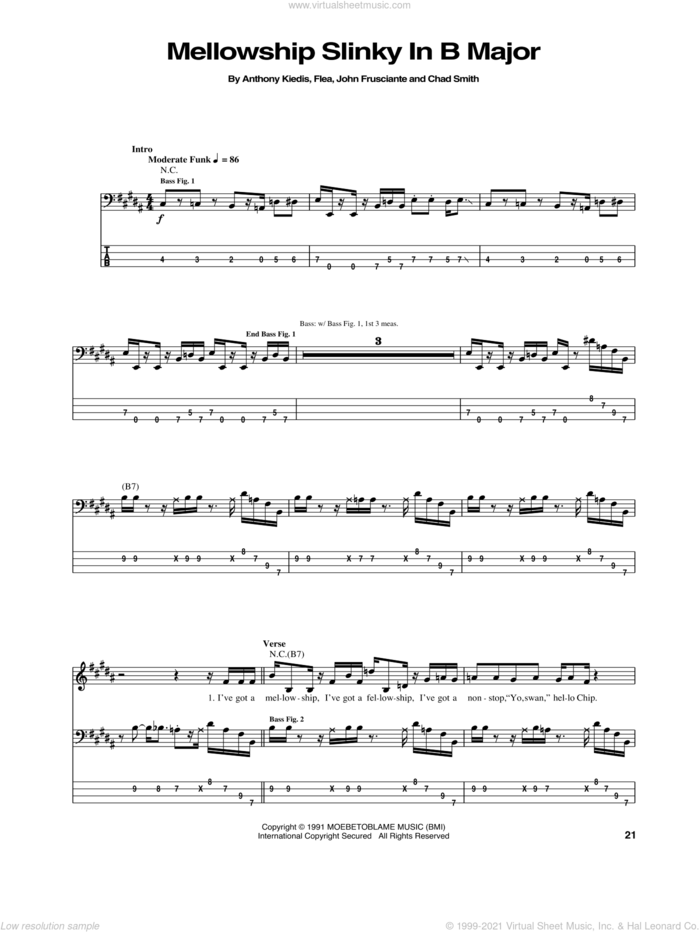Mellowship Slinky In B Major sheet music for bass (tablature) (bass guitar) by Red Hot Chili Peppers, Anthony Kiedis, Chad Smith, Flea and John Frusciante, intermediate skill level