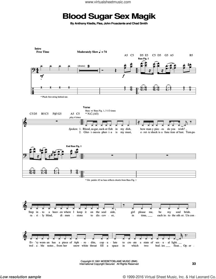 Blood Sugar Sex Magik sheet music for bass (tablature) (bass guitar) by Red Hot Chili Peppers, Anthony Kiedis, Chad Smith, Flea and John Frusciante, intermediate skill level