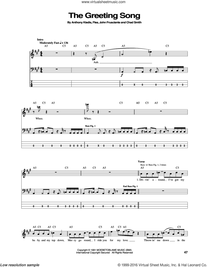 The Greeting Song sheet music for bass (tablature) (bass guitar) by Red Hot Chili Peppers, Anthony Kiedis, Chad Smith, Flea and John Frusciante, intermediate skill level