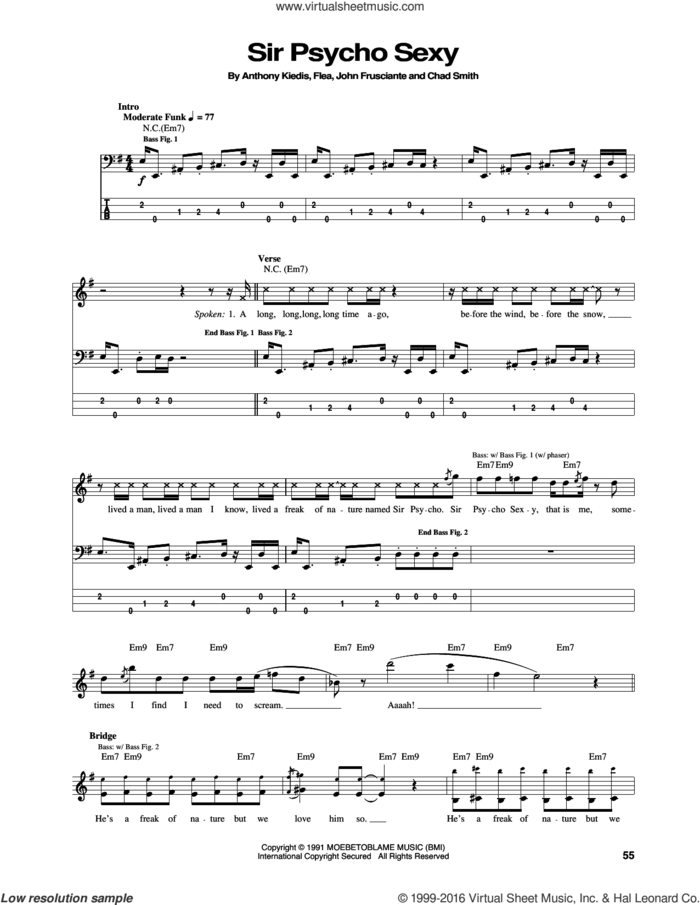 Sir Psycho Sexy sheet music for bass (tablature) (bass guitar) by Red Hot Chili Peppers, Anthony Kiedis, Chad Smith, Flea and John Frusciante, intermediate skill level