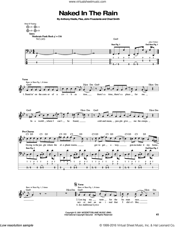Naked In The Rain sheet music for bass (tablature) (bass guitar) by Red Hot Chili Peppers, Anthony Kiedis, Chad Smith, Flea and John Frusciante, intermediate skill level