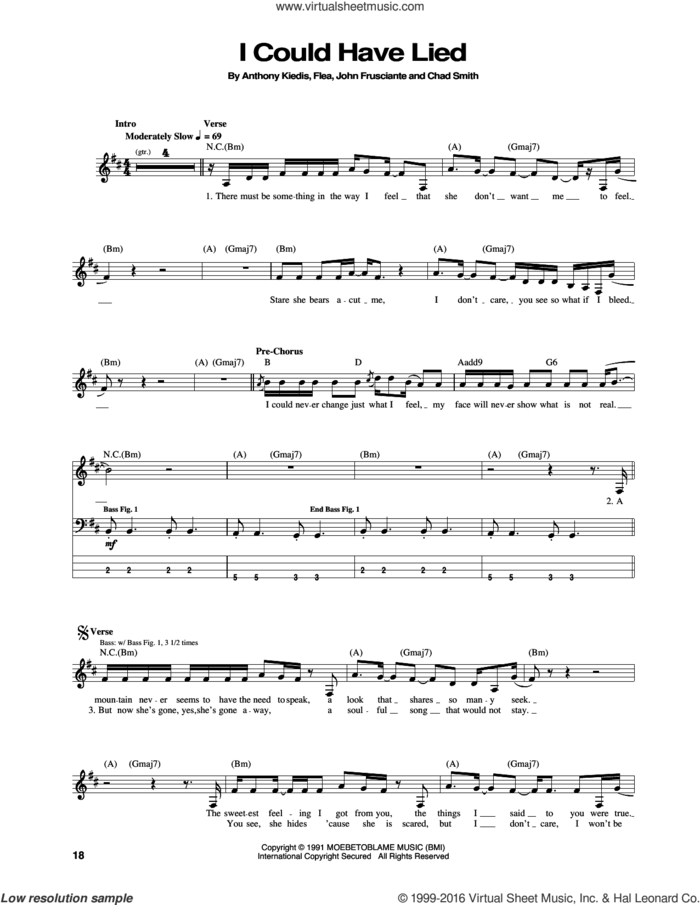I Could Have Lied sheet music for bass (tablature) (bass guitar) by Red Hot Chili Peppers, Anthony Kiedis, Chad Smith, Flea and John Frusciante, intermediate skill level
