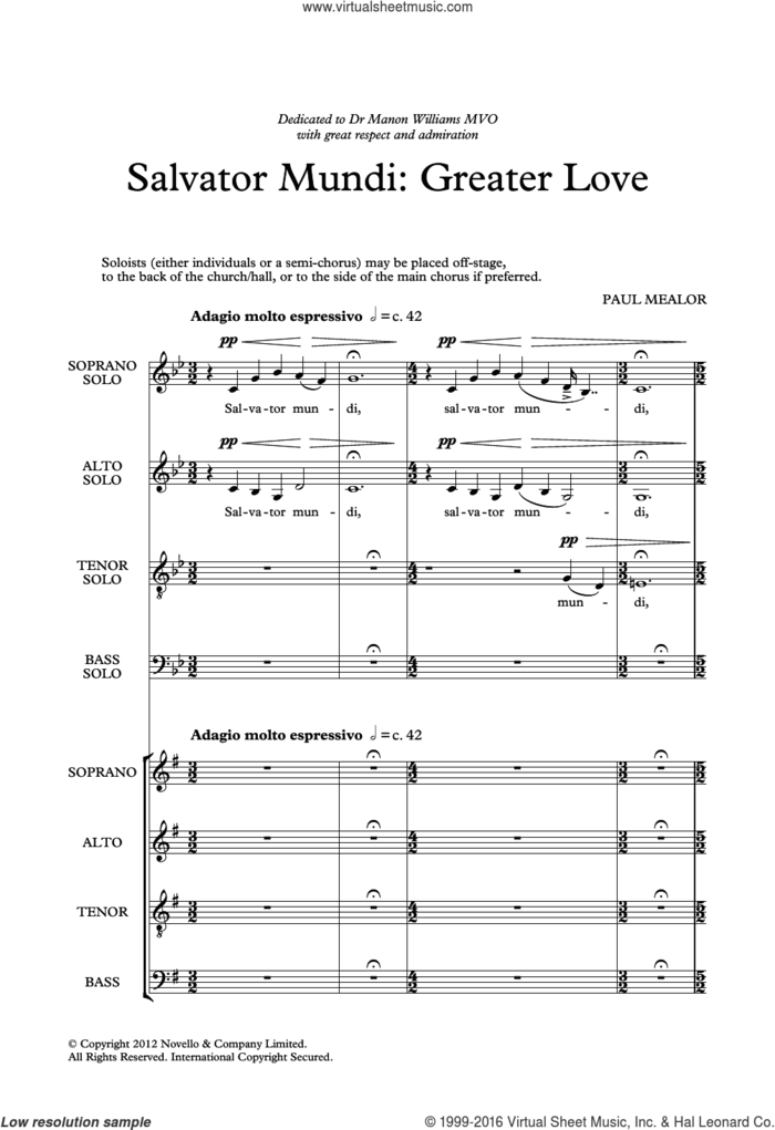 Salvator Mundi: Greater Love sheet music for choir (SATB: soprano, alto, tenor, bass) by Paul Mealor and Liturgical Text, classical score, intermediate skill level