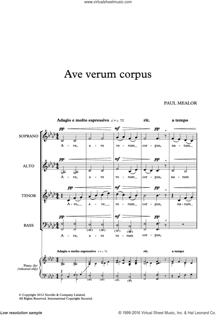 Ave Verum Corpus sheet music for choir (SATB: soprano, alto, tenor, bass) by Paul Mealor and Liturgical Text, classical score, intermediate skill level