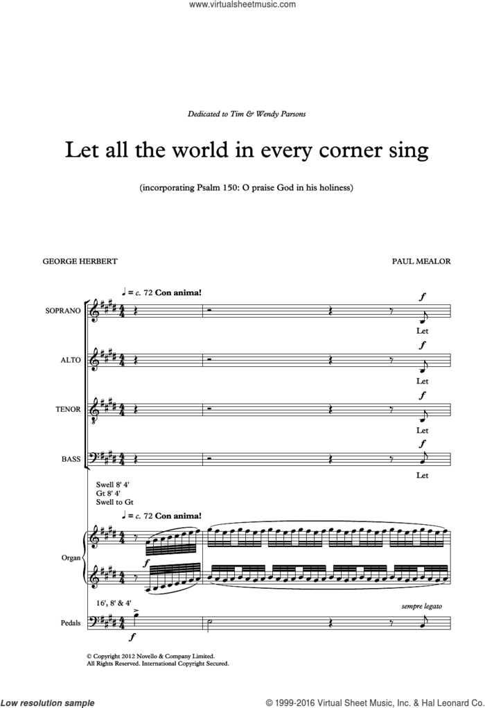 Let All The World In Every Corner Sing sheet music for choir (SATB: soprano, alto, tenor, bass) by Paul Mealor and George Herbert, classical score, intermediate skill level