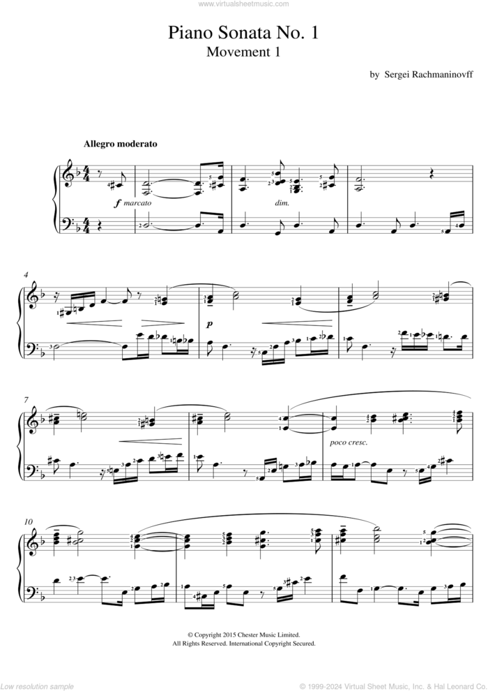 Piano Sonata No.1 (1st Movement) sheet music for voice and piano by Serjeij Rachmaninoff, classical score, intermediate skill level