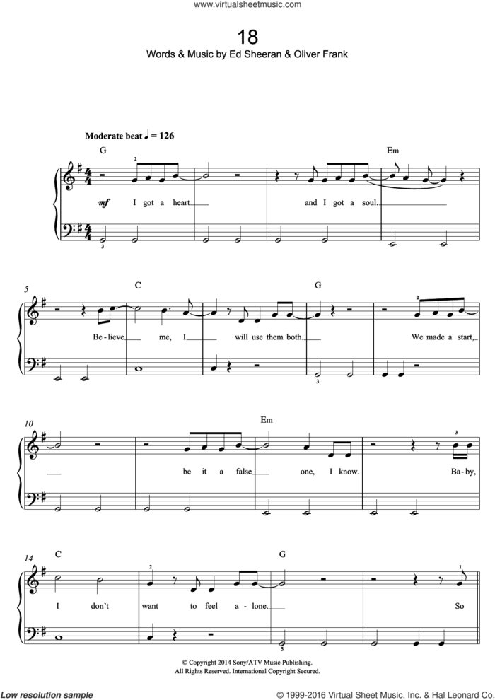 18 sheet music for voice, piano or guitar by One Direction, Ed Sheeran and Oliver Frank, intermediate skill level