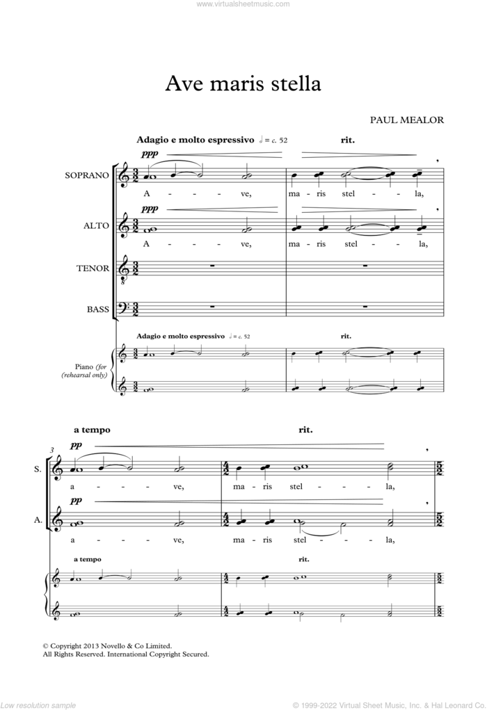 Ave Maris Stella sheet music for choir (SATB: soprano, alto, tenor, bass) by Paul Mealor and Liturgical Text, classical score, intermediate skill level
