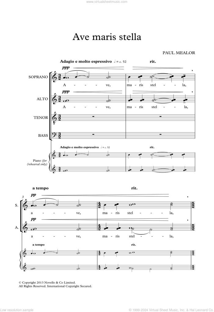 Ave Maris Stella sheet music for choir (SATB: soprano, alto, tenor, bass) by Paul Mealor and Liturgical Text, classical score, intermediate skill level