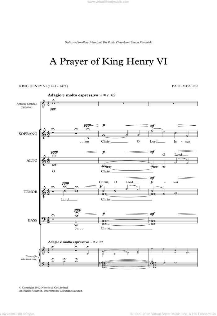 A Prayer Of King Henry VI sheet music for choir (SATB: soprano, alto, tenor, bass) by Paul Mealor and King Henry VI, classical score, intermediate skill level