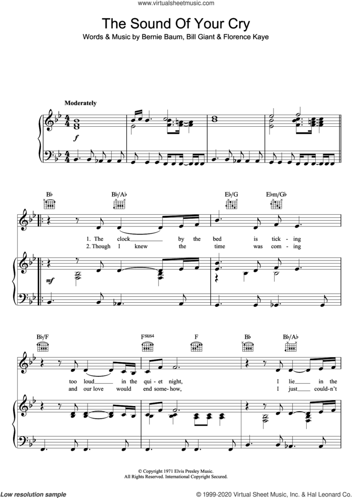 The Sound Of Your Cry sheet music for voice, piano or guitar by Elvis Presley, Bernie Baum, Bill Giant and Florence Kaye, intermediate skill level
