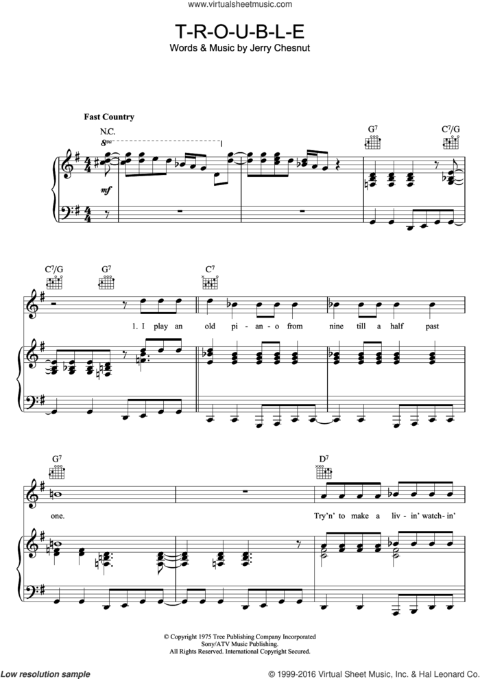 T-R-O-U-B-L-E sheet music for voice, piano or guitar by Elvis Presley and Jerry Chesnut, intermediate skill level