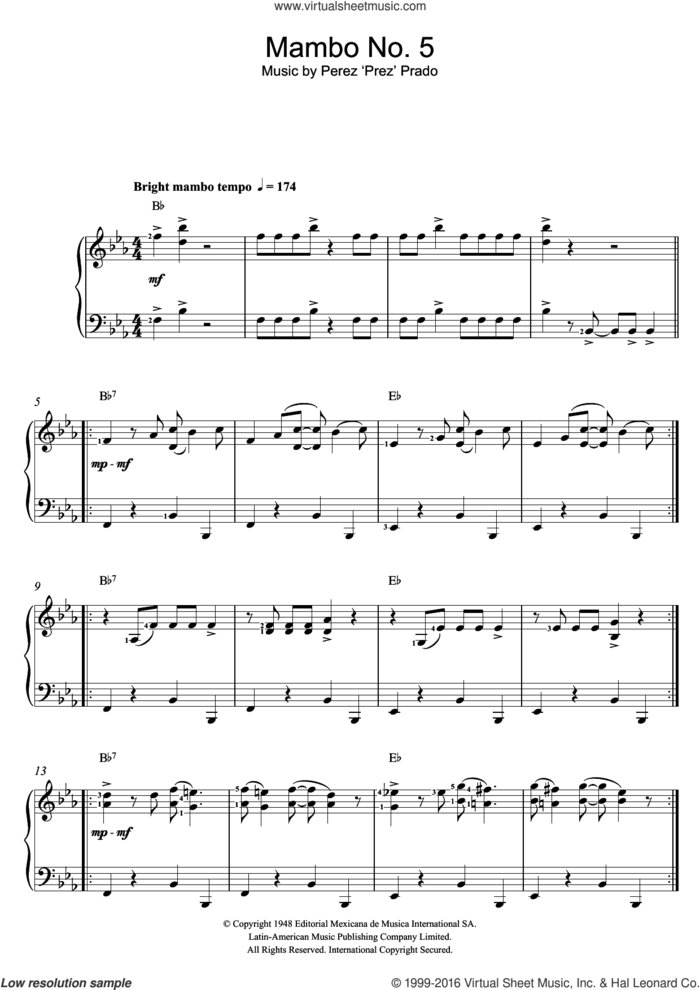 Mambo No. 5 sheet music for piano solo by Perez Prado, easy skill level