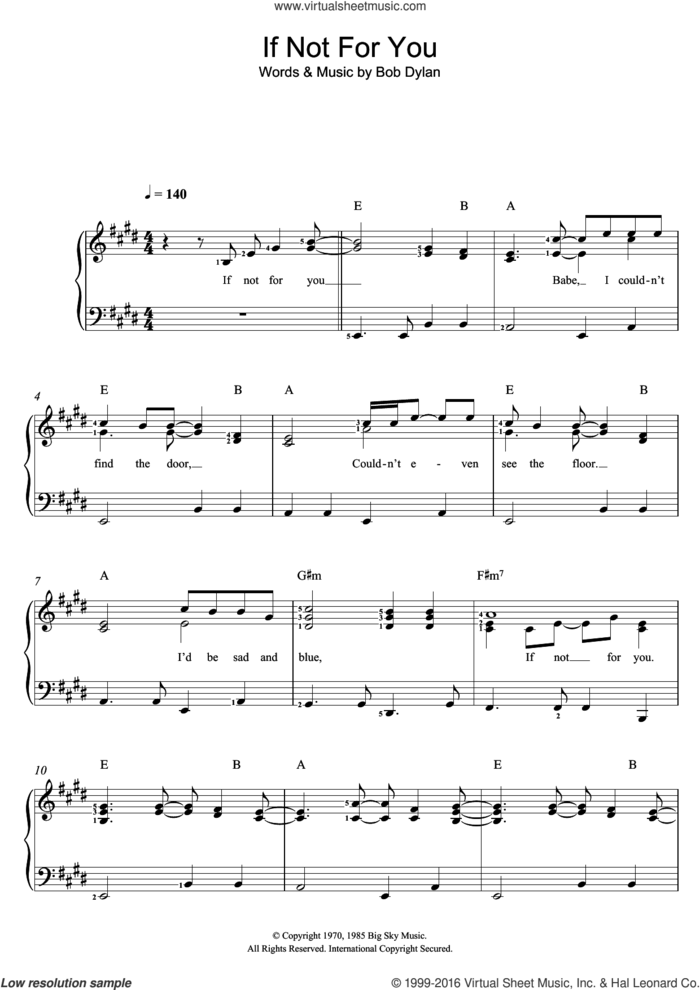 If Not For You sheet music for piano solo by Bob Dylan, easy skill level
