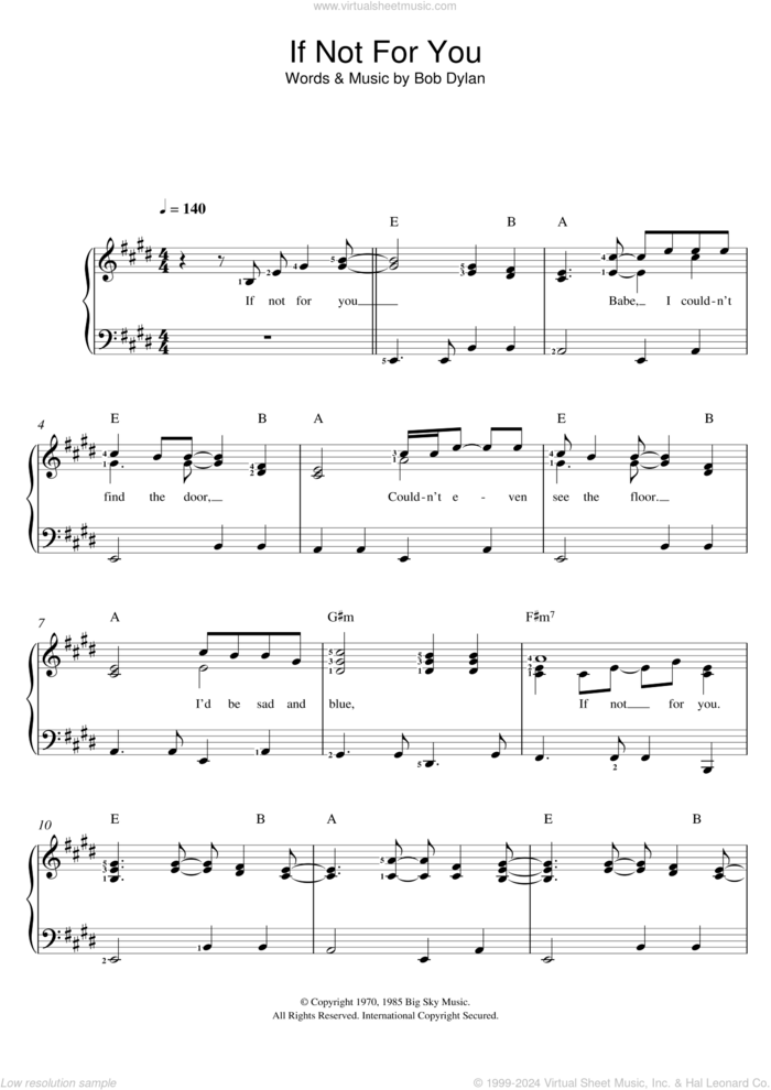 If Not For You sheet music for piano solo by Bob Dylan, easy skill level