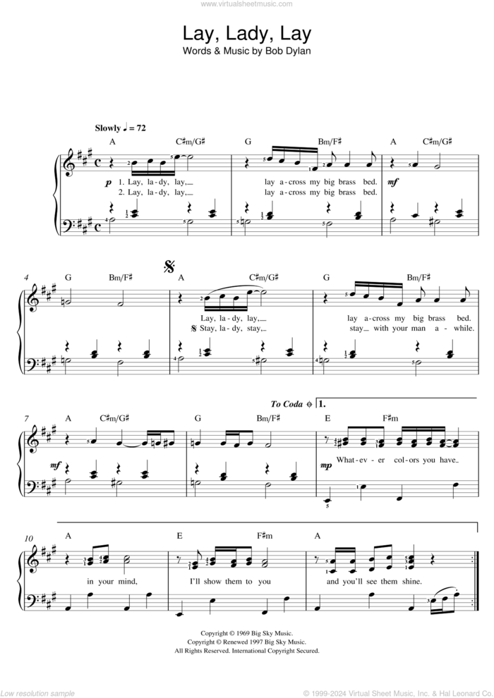 Lay, Lady, Lay, (easy) sheet music for piano solo by Bob Dylan, easy skill level