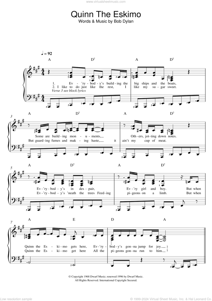 Quinn The Eskimo (The Mighty Quinn) sheet music for piano solo by Bob Dylan, Bob Dylan/Manfred Mann and Manfred Mann, easy skill level