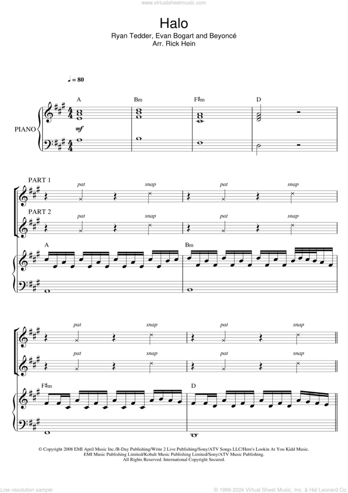 Halo (arr. Rick Hein) sheet music for choir (2-Part) by Beyonce, Rick Hein, Beyonce, Evan Bogart and Ryan Tedder, intermediate duet