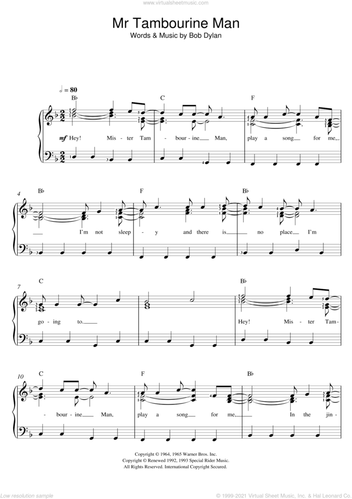 Mr. Tambourine Man sheet music for piano solo by Bob Dylan and The Byrds, easy skill level