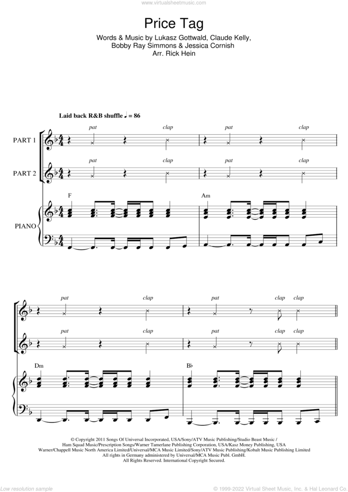 Price Tag (arr. Rick Hein) sheet music for choir by Jessie J, Rick Hein, Bobby Ray Simmons, Claude Kelly, Jessica Cornish and Lukasz Gottwald, intermediate skill level