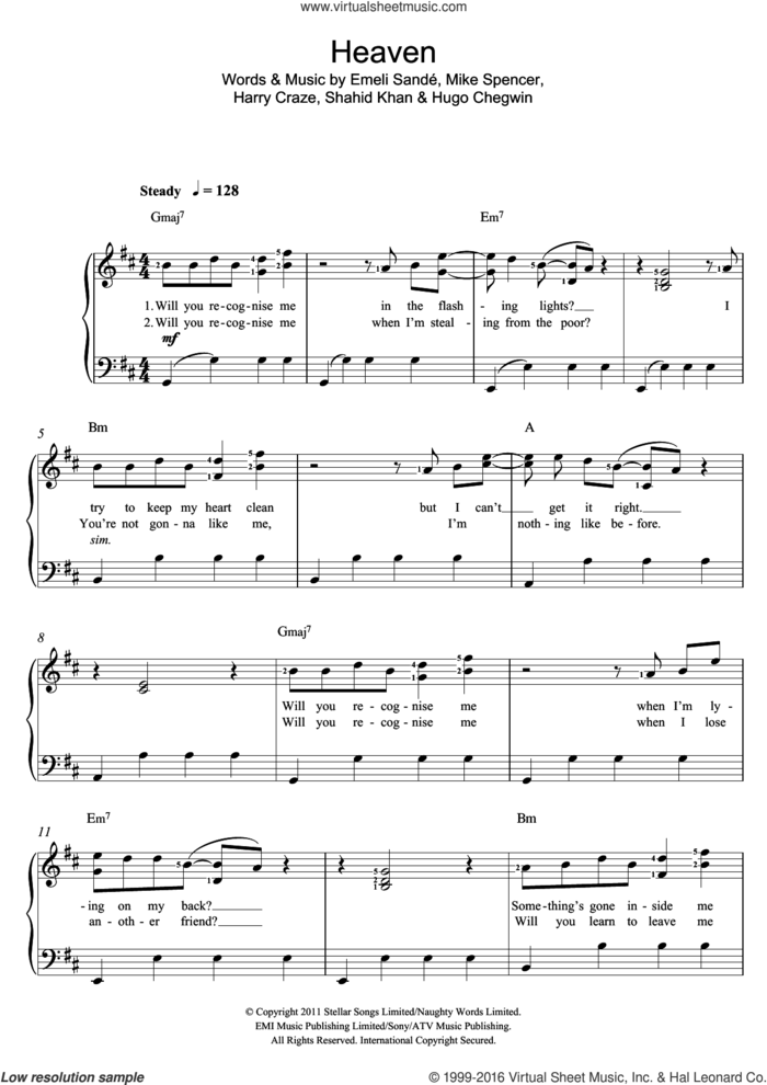 Heaven sheet music for voice and piano by Emeli Sande, Harry Craze, Hugo Chegwin, Mike Spencer and Shahid Khan, intermediate skill level